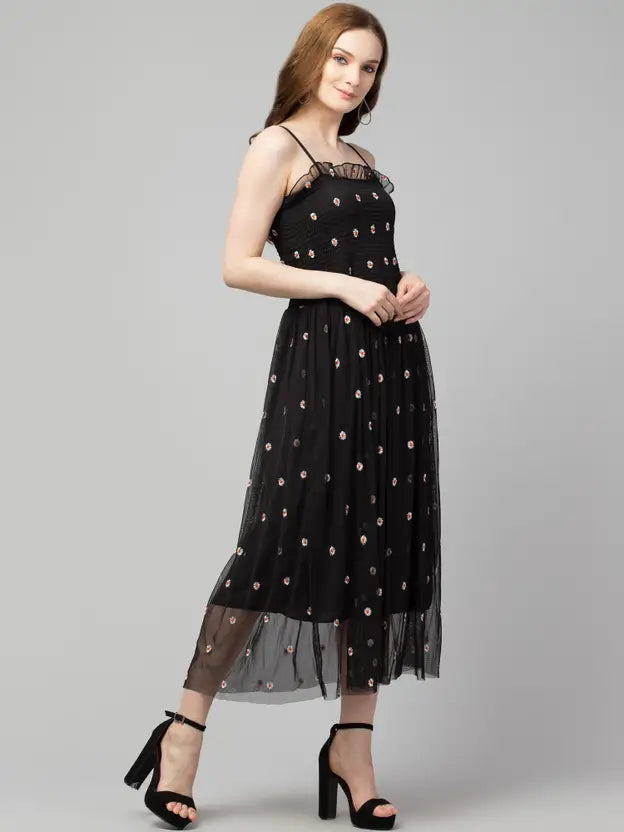 Women Ethnic Dress Black, White, Red Midi/Calf Length Dress