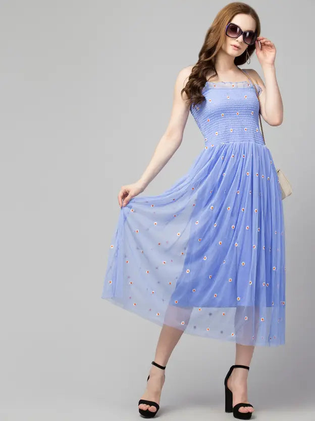 Women Ethnic Dress Aqua Blue Midi/Calf Length Dress